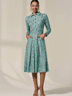 Jolie Moi Occasion Dresses|Jersey Dresses-Long Sleeve Button Up Midi Dress, Teal Pattern