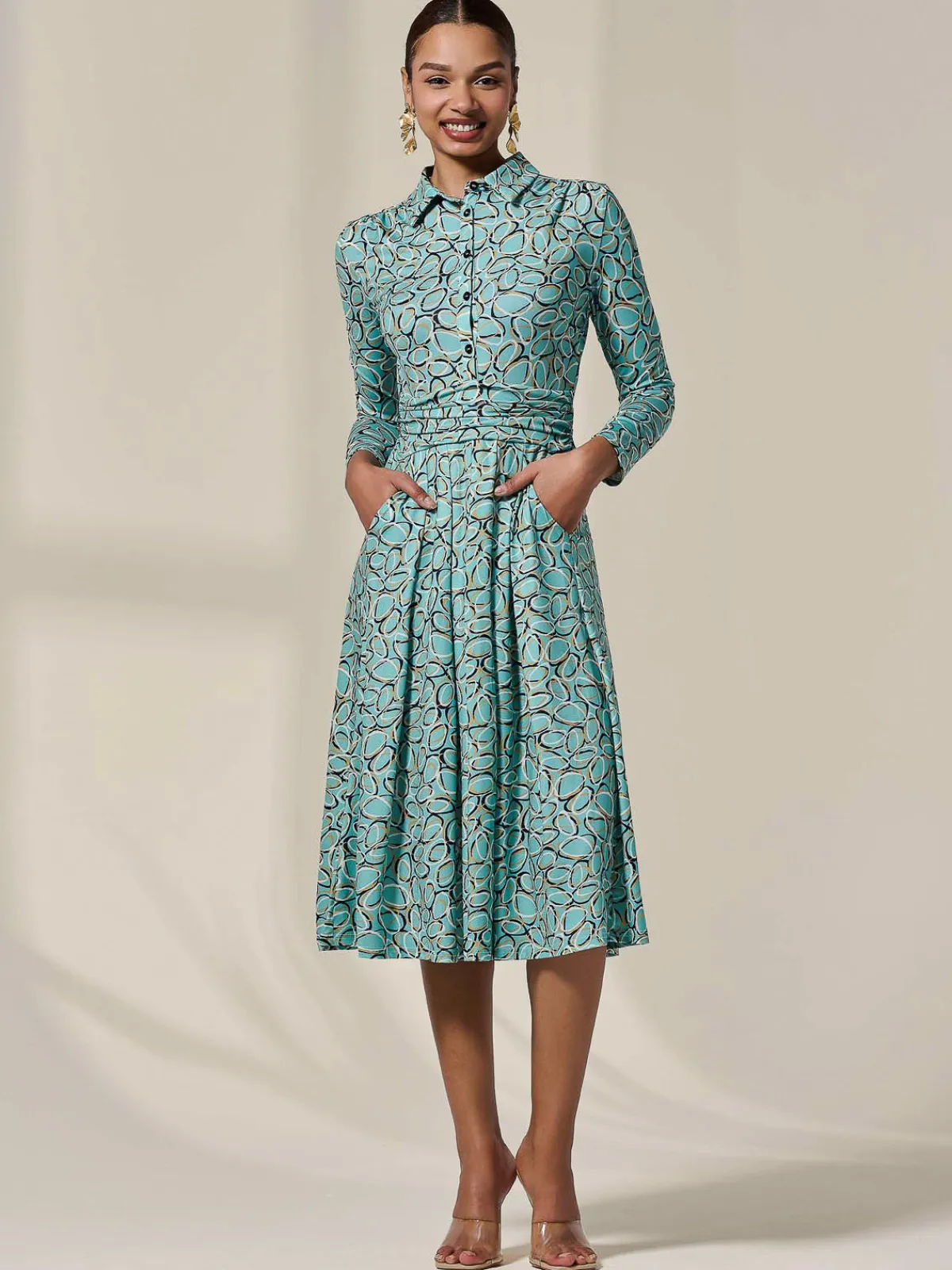 Jolie Moi Occasion Dresses|Jersey Dresses-Long Sleeve Button Up Midi Dress, Teal Pattern