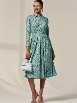 Jolie Moi Occasion Dresses|Jersey Dresses-Long Sleeve Button Up Midi Dress, Teal Pattern