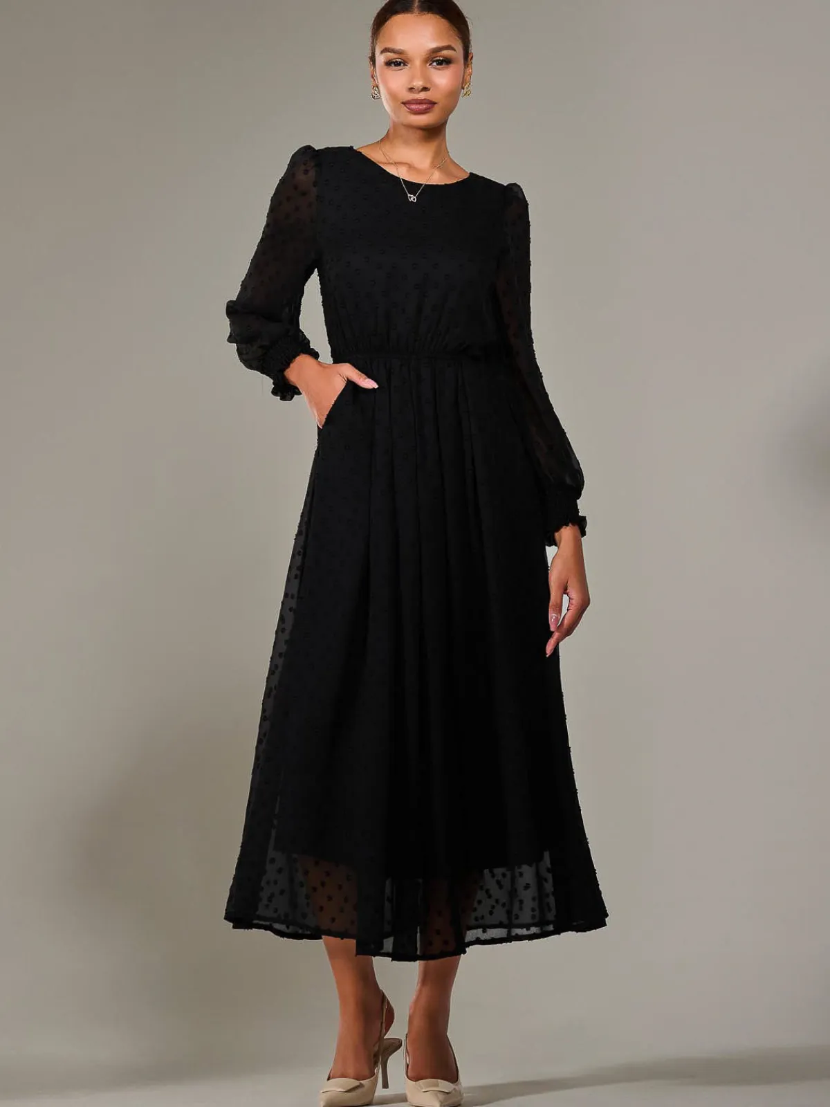 Jolie Moi Occasion Dresses|Long Sleeved Dresses-Long Sleeve Chiffon Midaxi Dress, Black