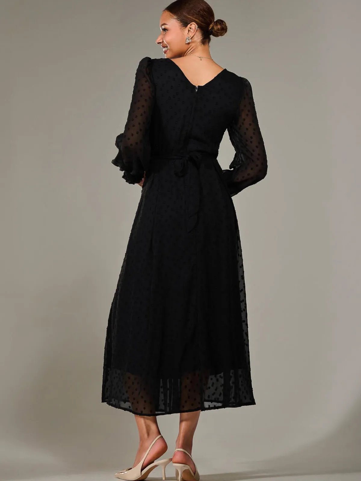 Jolie Moi Occasion Dresses|Long Sleeved Dresses-Long Sleeve Chiffon Midaxi Dress, Black