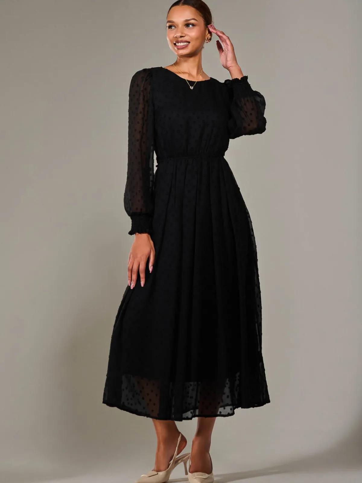 Jolie Moi Occasion Dresses|Long Sleeved Dresses-Long Sleeve Chiffon Midaxi Dress, Black