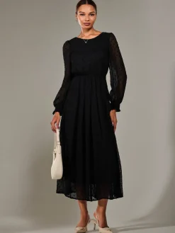 Jolie Moi Occasion Dresses|Long Sleeved Dresses-Long Sleeve Chiffon Midaxi Dress, Black