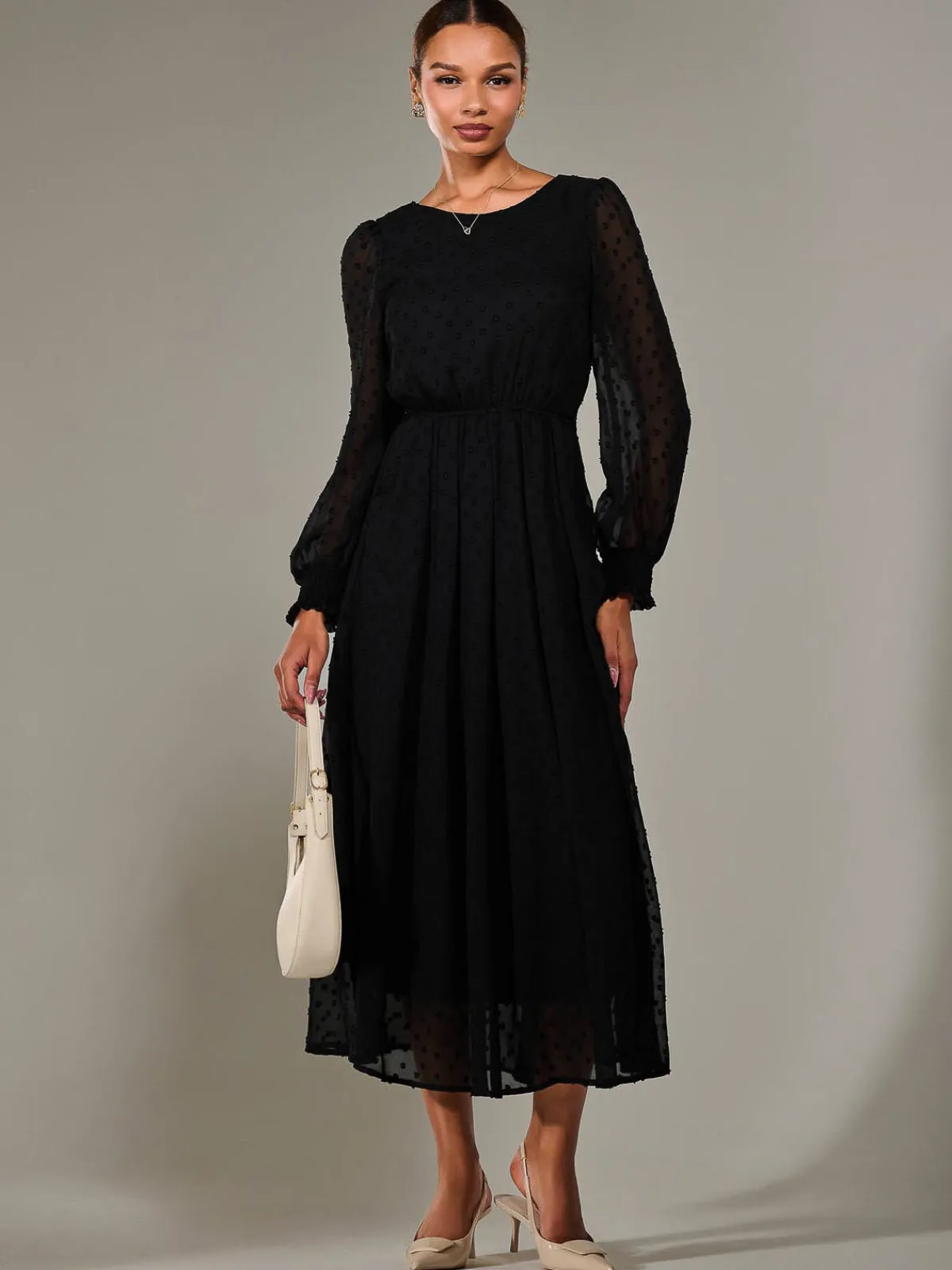 Jolie Moi Occasion Dresses|Long Sleeved Dresses-Long Sleeve Chiffon Midaxi Dress, Black