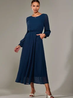 Jolie Moi Occasion Dresses|Long Sleeved Dresses-Long Sleeve Chiffon Midaxi Dress, Navy