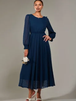 Jolie Moi Occasion Dresses|Long Sleeved Dresses-Long Sleeve Chiffon Midaxi Dress, Navy
