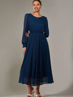 Jolie Moi Occasion Dresses|Long Sleeved Dresses-Long Sleeve Chiffon Midaxi Dress, Navy