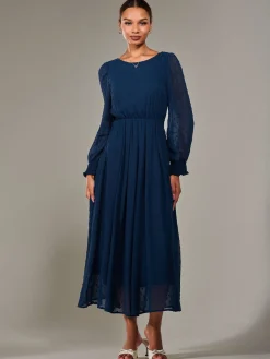 Jolie Moi Occasion Dresses|Long Sleeved Dresses-Long Sleeve Chiffon Midaxi Dress, Navy