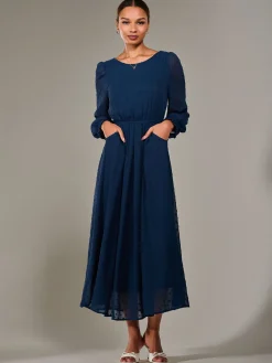 Jolie Moi Occasion Dresses|Long Sleeved Dresses-Long Sleeve Chiffon Midaxi Dress, Navy