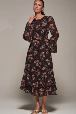 Jolie Moi Occasion Dresses|Floral Dresses-Long Sleeve Chiffon Print Frill Midaxi Dress, Burgundy Floral