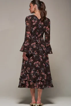 Jolie Moi Occasion Dresses|Floral Dresses-Long Sleeve Chiffon Print Frill Midaxi Dress, Burgundy Floral