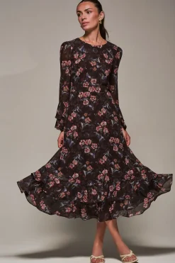Jolie Moi Occasion Dresses|Floral Dresses-Long Sleeve Chiffon Print Frill Midaxi Dress, Burgundy Floral