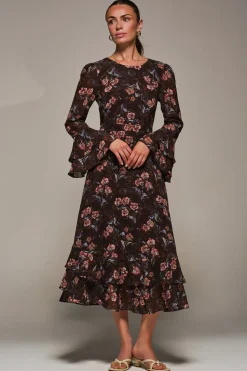 Jolie Moi Occasion Dresses|Floral Dresses-Long Sleeve Chiffon Print Frill Midaxi Dress, Burgundy Floral