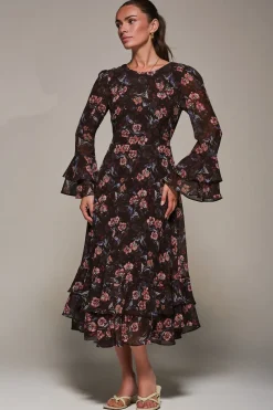 Jolie Moi Occasion Dresses|Floral Dresses-Long Sleeve Chiffon Print Frill Midaxi Dress, Burgundy Floral
