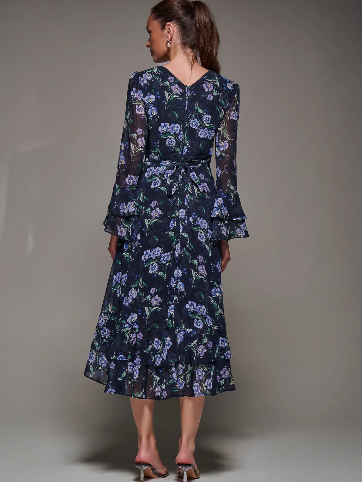 Jolie Moi Occasion Dresses|Printed Dresses-Long Sleeve Chiffon Print Frill Midaxi Dress, Navy Floral