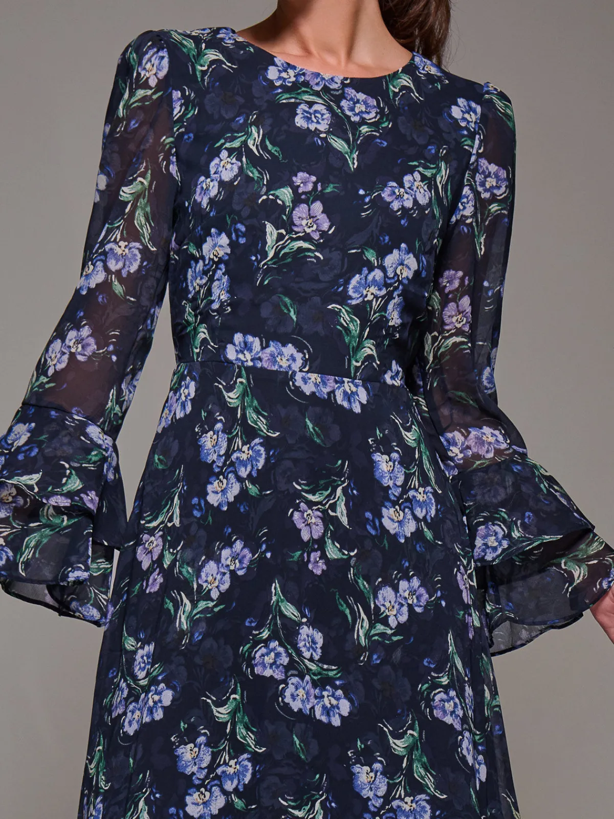 Jolie Moi Occasion Dresses|Printed Dresses-Long Sleeve Chiffon Print Frill Midaxi Dress, Navy Floral