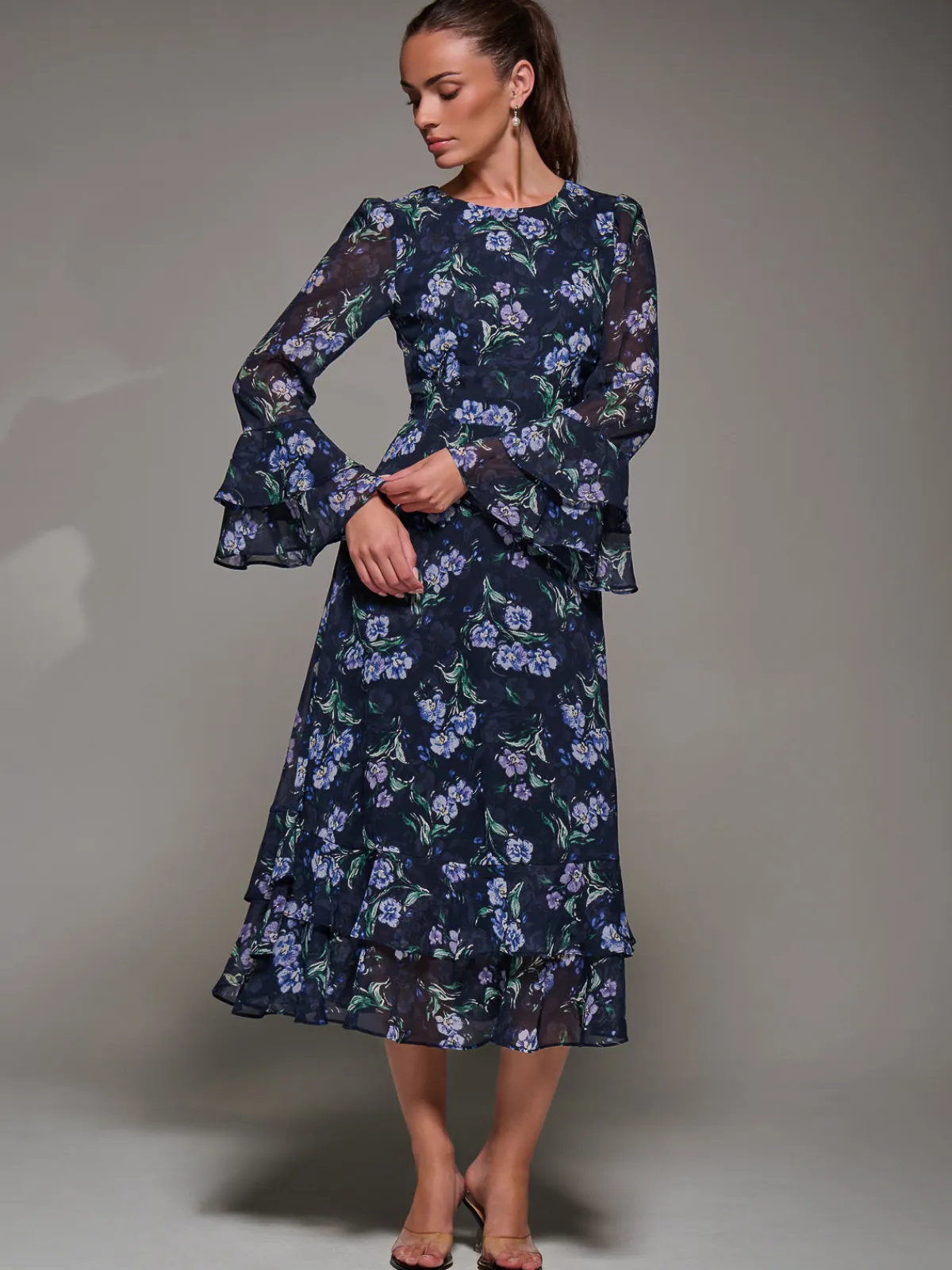 Jolie Moi Occasion Dresses|Printed Dresses-Long Sleeve Chiffon Print Frill Midaxi Dress, Navy Floral