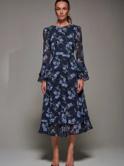 Jolie Moi Occasion Dresses|Printed Dresses-Long Sleeve Chiffon Print Frill Midaxi Dress, Navy Floral