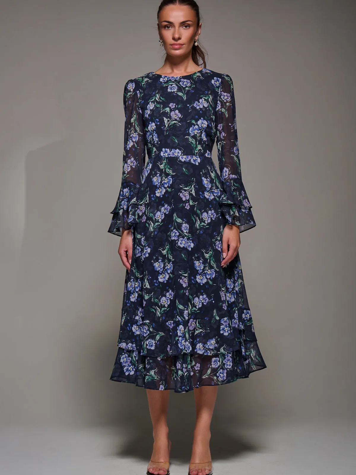 Jolie Moi Occasion Dresses|Printed Dresses-Long Sleeve Chiffon Print Frill Midaxi Dress, Navy Floral