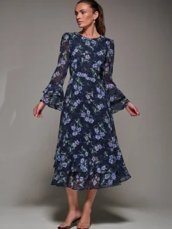 Jolie Moi Occasion Dresses|Printed Dresses-Long Sleeve Chiffon Print Frill Midaxi Dress, Navy Floral