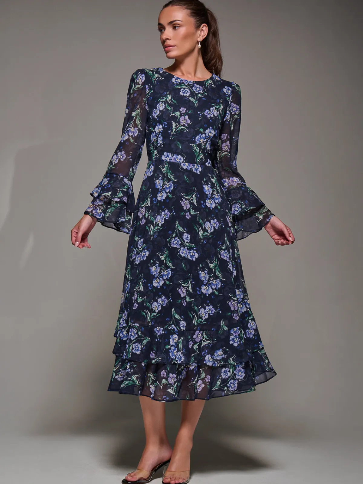 Jolie Moi Occasion Dresses|Printed Dresses-Long Sleeve Chiffon Print Frill Midaxi Dress, Navy Floral