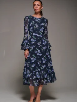 Jolie Moi Occasion Dresses|Printed Dresses-Long Sleeve Chiffon Print Frill Midaxi Dress, Navy Floral