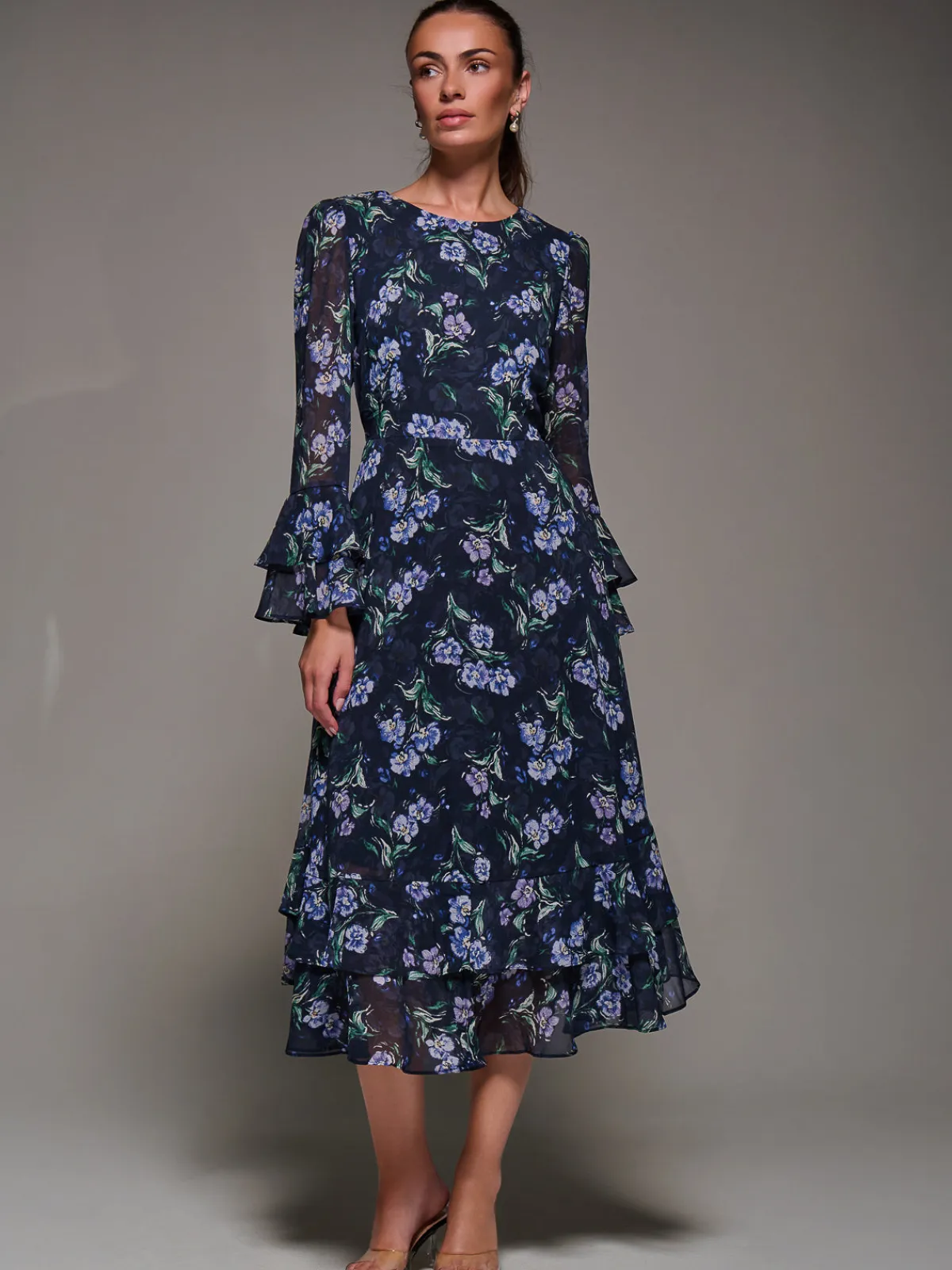 Jolie Moi Occasion Dresses|Printed Dresses-Long Sleeve Chiffon Print Frill Midaxi Dress, Navy Floral