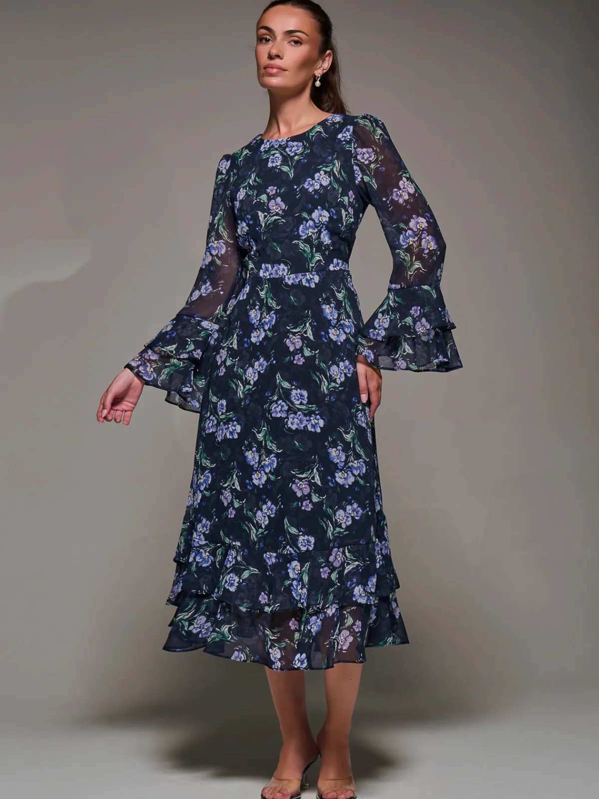 Jolie Moi Occasion Dresses|Printed Dresses-Long Sleeve Chiffon Print Frill Midaxi Dress, Navy Floral