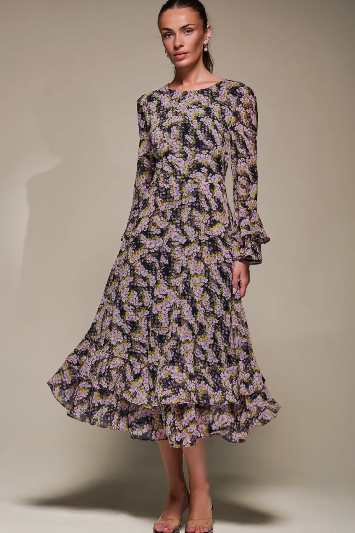 Jolie Moi Occasion Dresses|Floral Dresses-Long Sleeve Chiffon Print Frill Midaxi Dress, Purple Multi