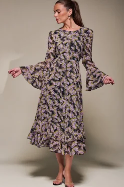 Jolie Moi Occasion Dresses|Floral Dresses-Long Sleeve Chiffon Print Frill Midaxi Dress, Purple Multi