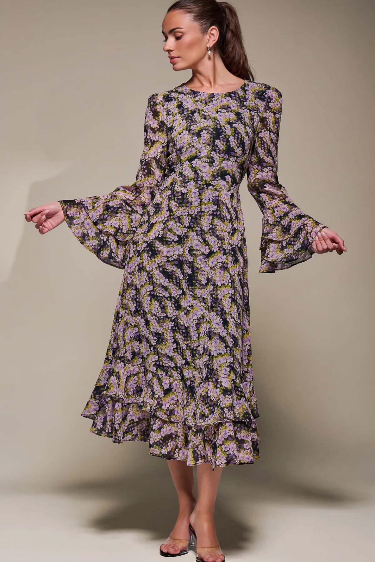 Jolie Moi Occasion Dresses|Floral Dresses-Long Sleeve Chiffon Print Frill Midaxi Dress, Purple Multi
