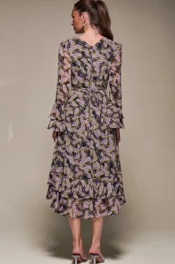 Jolie Moi Occasion Dresses|Floral Dresses-Long Sleeve Chiffon Print Frill Midaxi Dress, Purple Multi