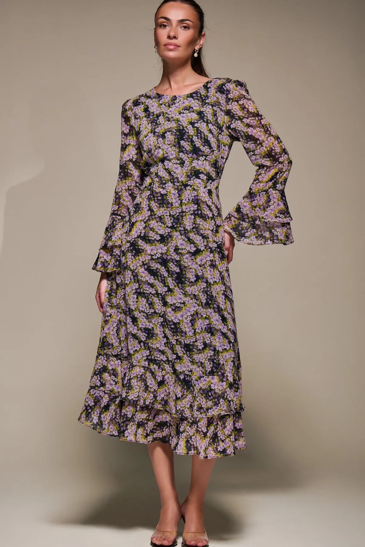 Jolie Moi Occasion Dresses|Floral Dresses-Long Sleeve Chiffon Print Frill Midaxi Dress, Purple Multi