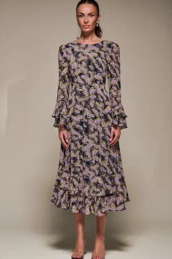 Jolie Moi Occasion Dresses|Floral Dresses-Long Sleeve Chiffon Print Frill Midaxi Dress, Purple Multi