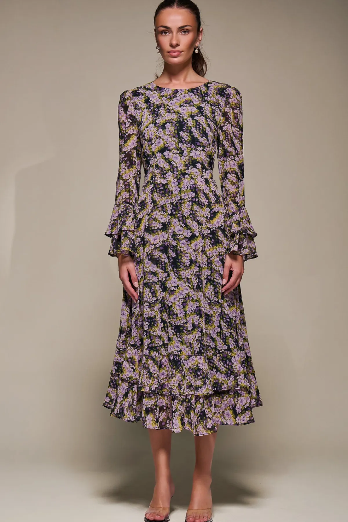 Jolie Moi Occasion Dresses|Floral Dresses-Long Sleeve Chiffon Print Frill Midaxi Dress, Purple Multi