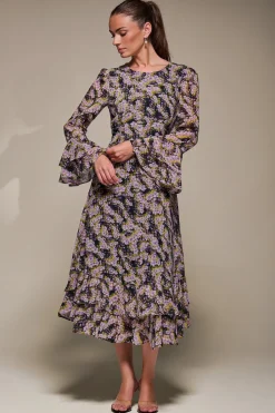 Jolie Moi Occasion Dresses|Floral Dresses-Long Sleeve Chiffon Print Frill Midaxi Dress, Purple Multi