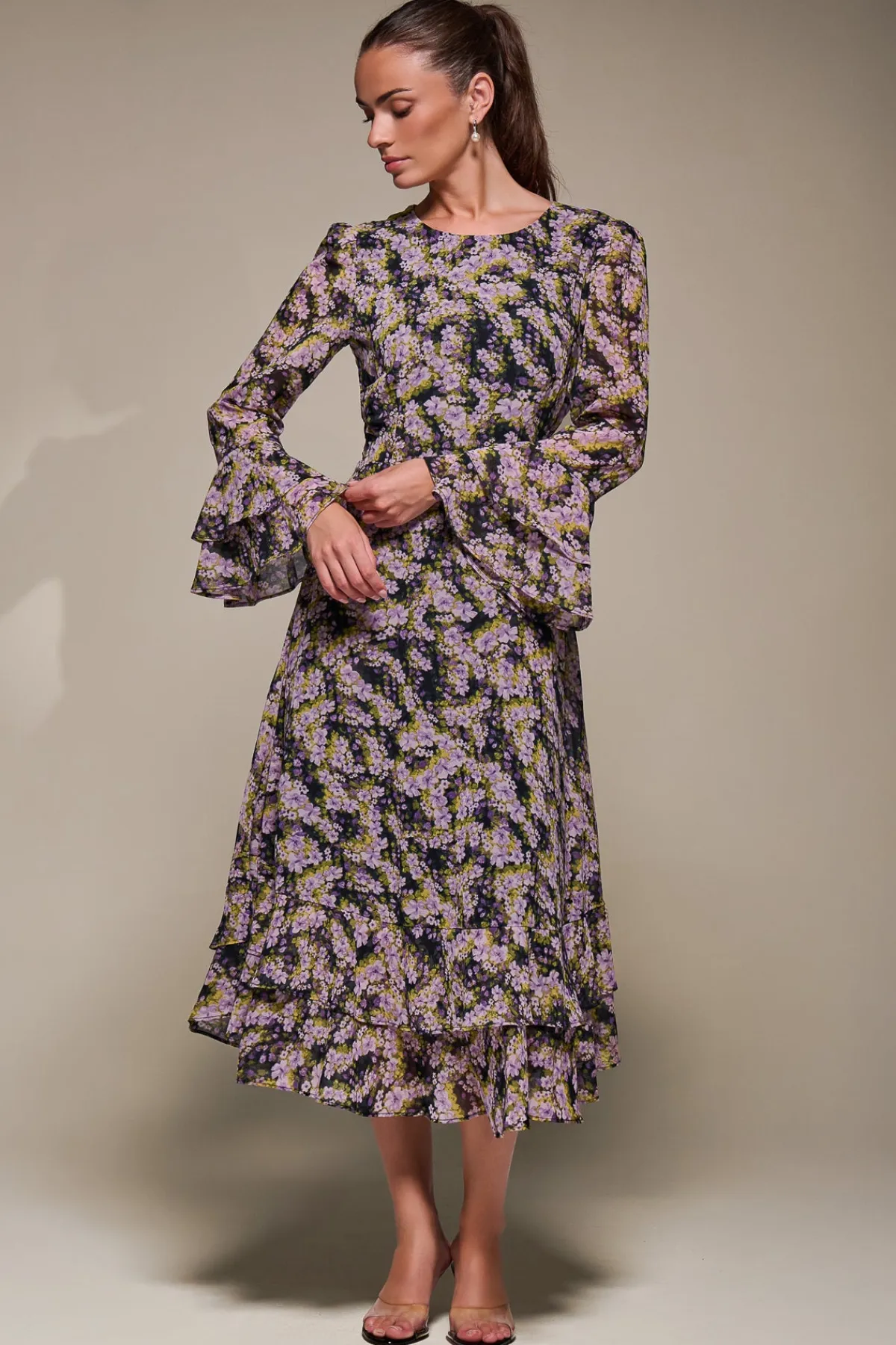 Jolie Moi Occasion Dresses|Floral Dresses-Long Sleeve Chiffon Print Frill Midaxi Dress, Purple Multi