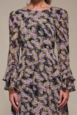 Jolie Moi Occasion Dresses|Floral Dresses-Long Sleeve Chiffon Print Frill Midaxi Dress, Purple Multi
