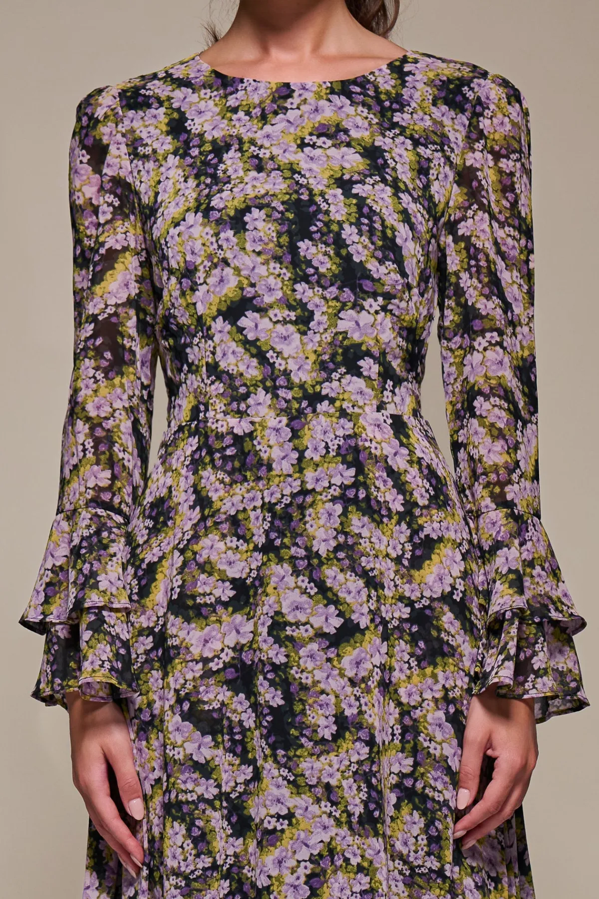 Jolie Moi Occasion Dresses|Floral Dresses-Long Sleeve Chiffon Print Frill Midaxi Dress, Purple Multi