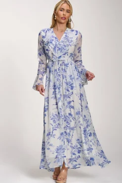 Jolie Moi Occasion Dresses|Floral Dresses-Long Sleeve Chiffon Ruffle Maxi Dress, Blue Floral