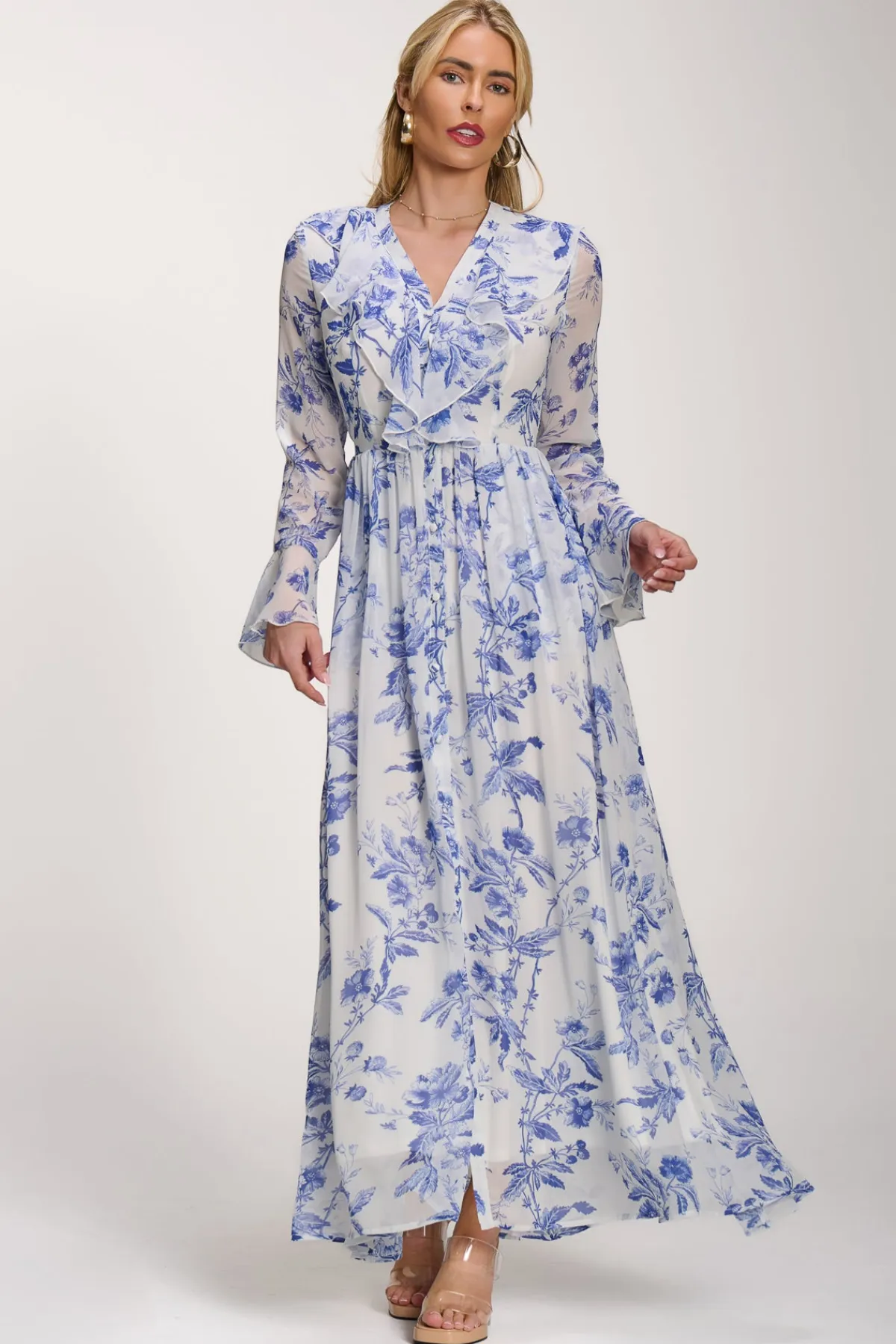 Jolie Moi Occasion Dresses|Floral Dresses-Long Sleeve Chiffon Ruffle Maxi Dress, Blue Floral
