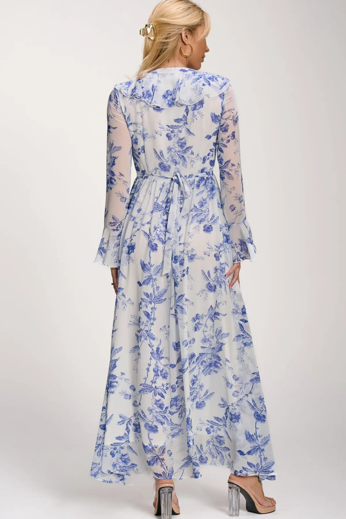 Jolie Moi Occasion Dresses|Floral Dresses-Long Sleeve Chiffon Ruffle Maxi Dress, Blue Floral