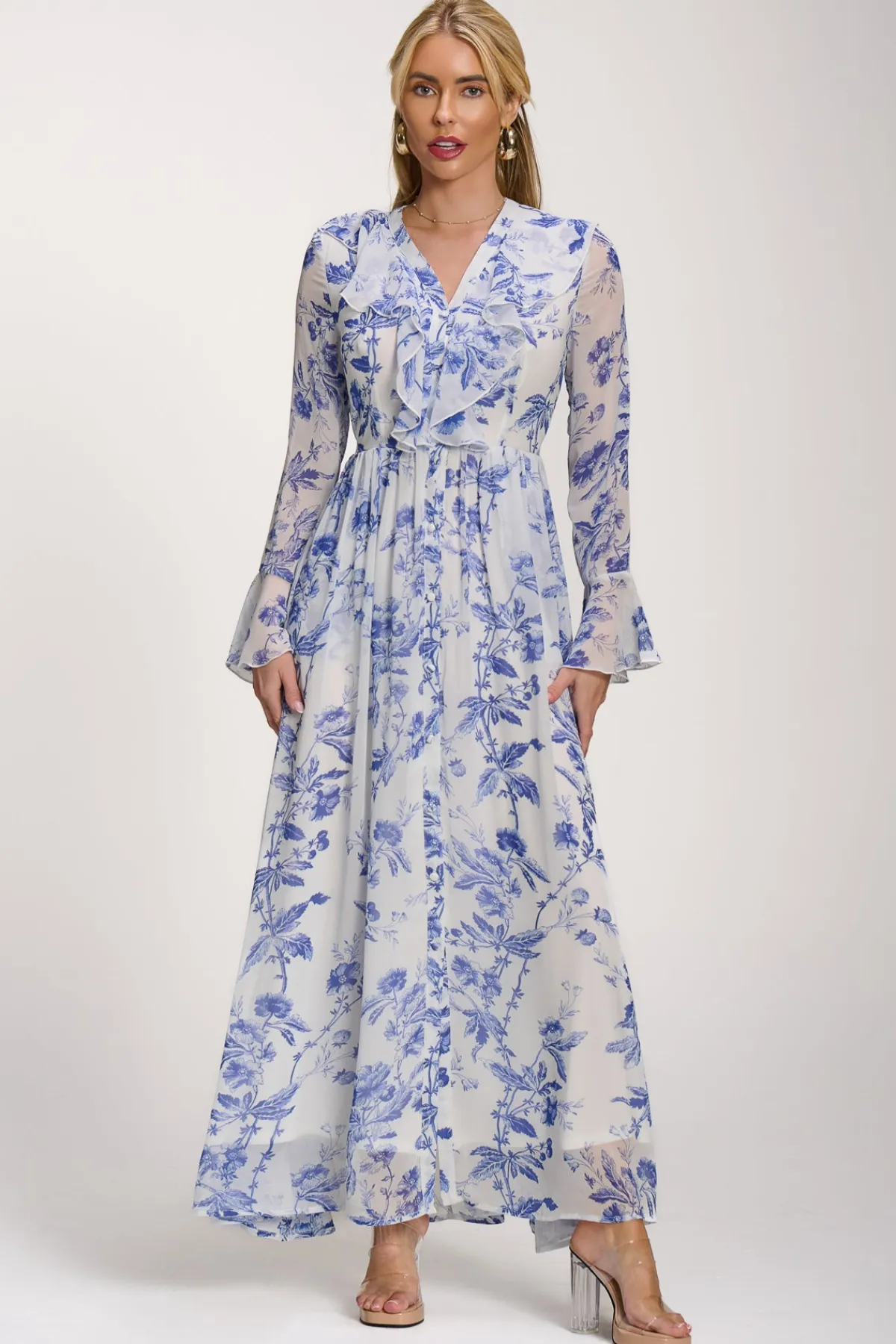 Jolie Moi Occasion Dresses|Floral Dresses-Long Sleeve Chiffon Ruffle Maxi Dress, Blue Floral