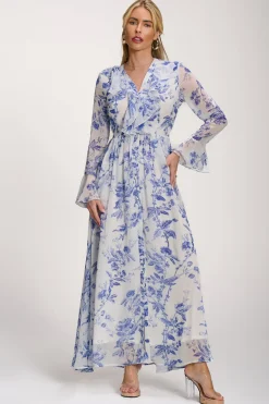 Jolie Moi Occasion Dresses|Floral Dresses-Long Sleeve Chiffon Ruffle Maxi Dress, Blue Floral