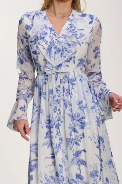 Jolie Moi Occasion Dresses|Floral Dresses-Long Sleeve Chiffon Ruffle Maxi Dress, Blue Floral