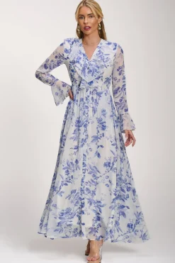 Jolie Moi Occasion Dresses|Floral Dresses-Long Sleeve Chiffon Ruffle Maxi Dress, Blue Floral
