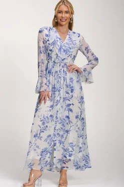 Jolie Moi Occasion Dresses|Floral Dresses-Long Sleeve Chiffon Ruffle Maxi Dress, Blue Floral