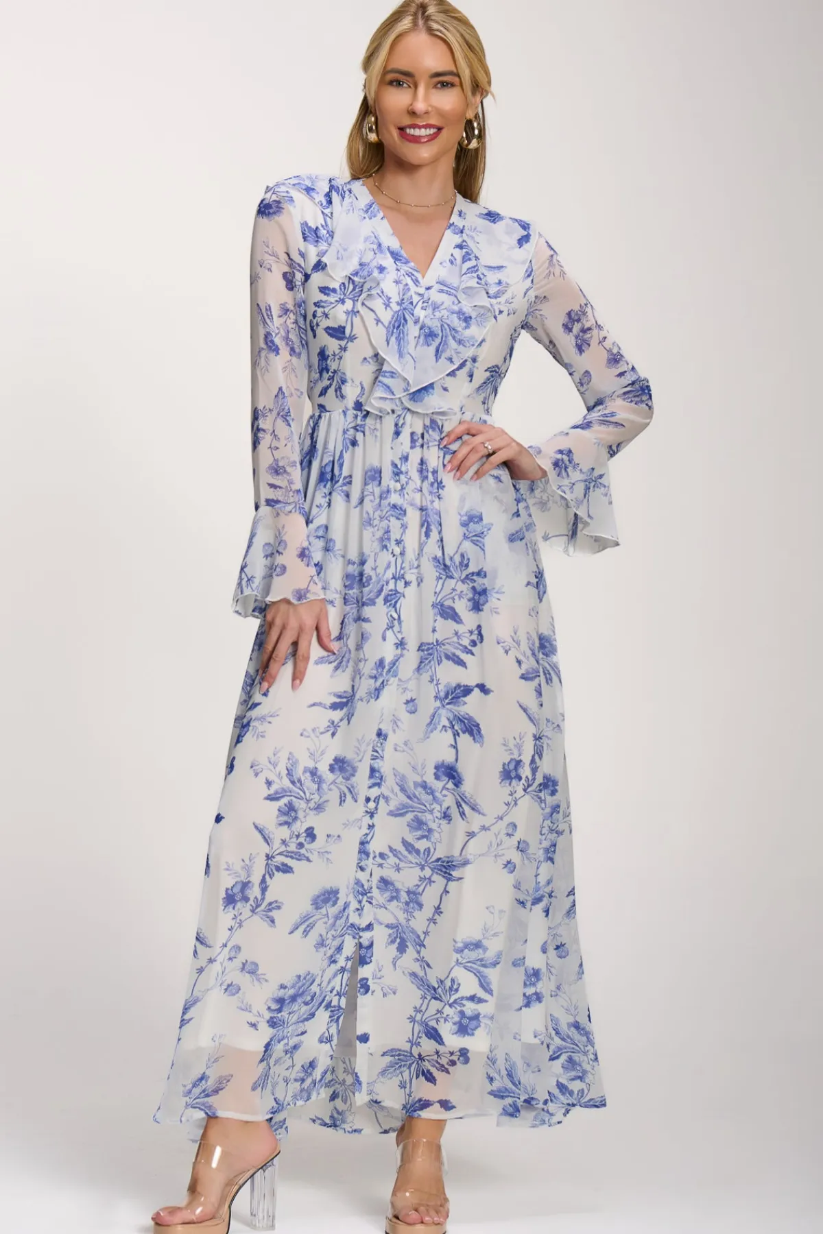 Jolie Moi Occasion Dresses|Floral Dresses-Long Sleeve Chiffon Ruffle Maxi Dress, Blue Floral