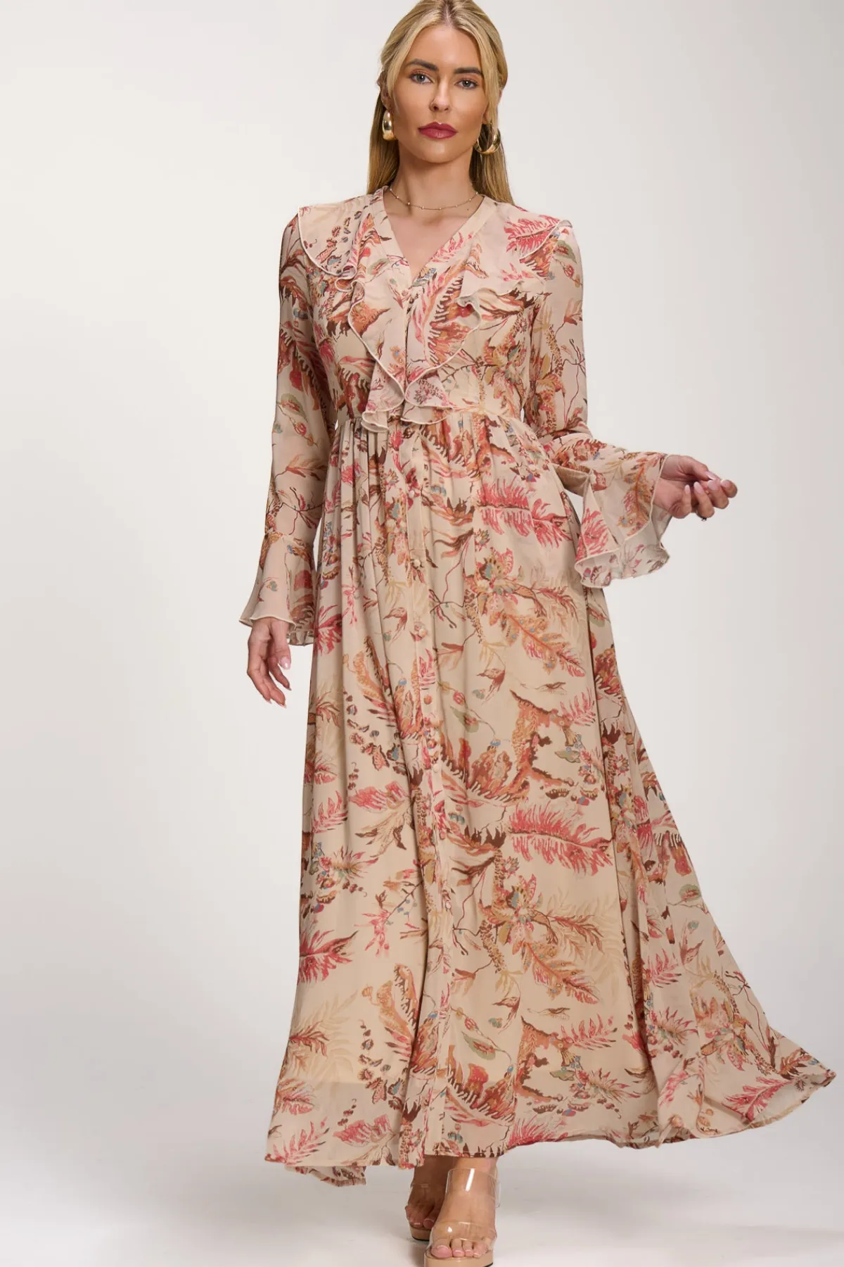 Jolie Moi Occasion Dresses|Long Sleeved Dresses-Long Sleeve Chiffon Ruffle Maxi Dress, Orange Multi