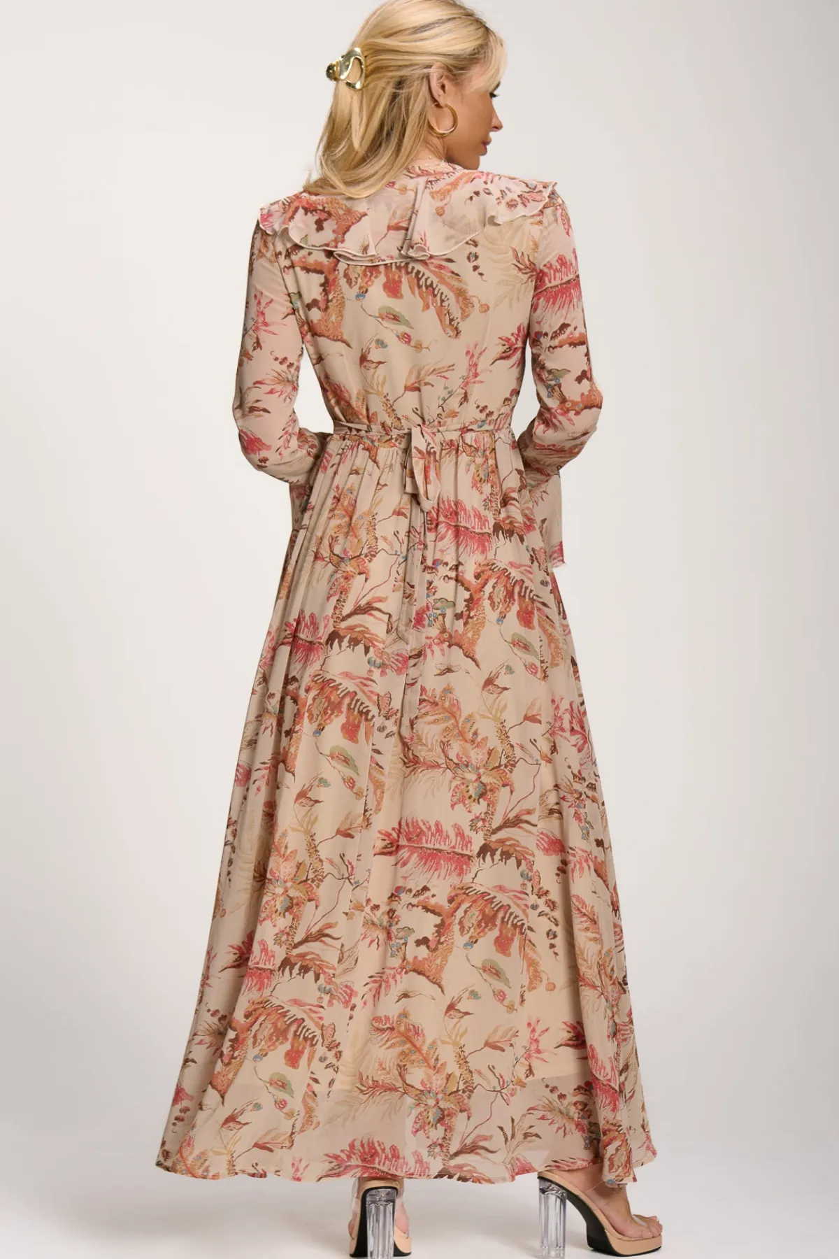 Jolie Moi Occasion Dresses|Long Sleeved Dresses-Long Sleeve Chiffon Ruffle Maxi Dress, Orange Multi
